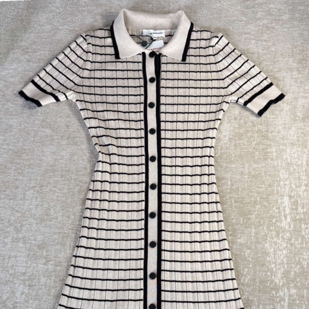 Lucky Brand Ribbed Midi Dress Womens M Tan Black NWT Knit